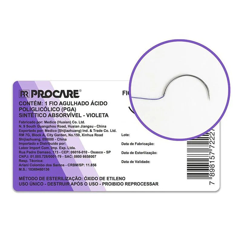 Fio Agulhado Sint. Absorvível (PGA) 1 Agulha 40MM Violeta UNIDADE Procare